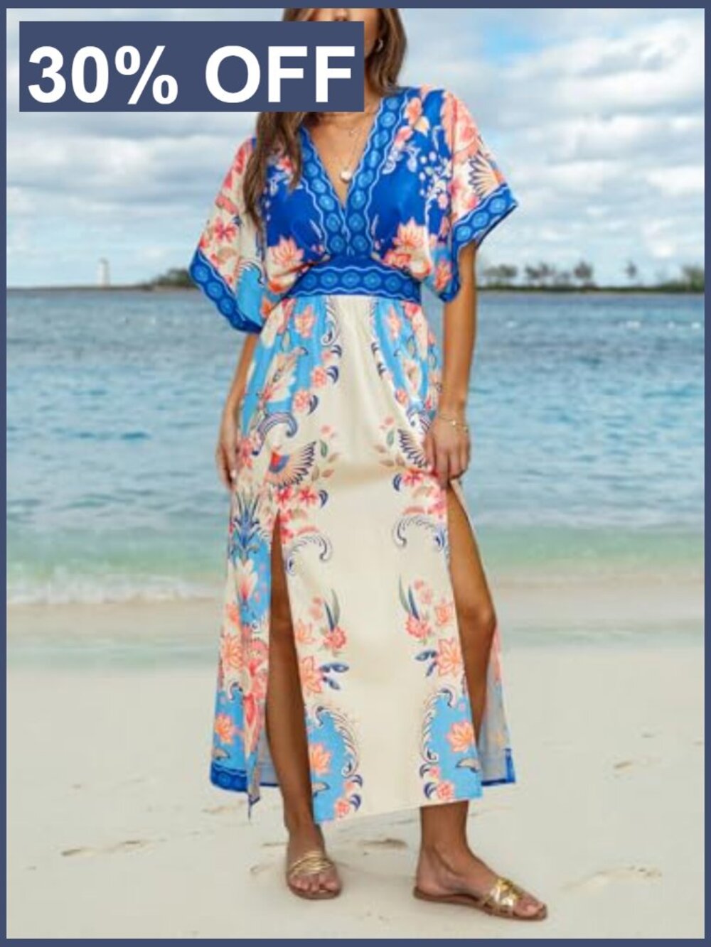 Women's Floral Maxi Dress V-Neck Short Sleeve Smocked Side Slit Pocket - Picture 7 of 7